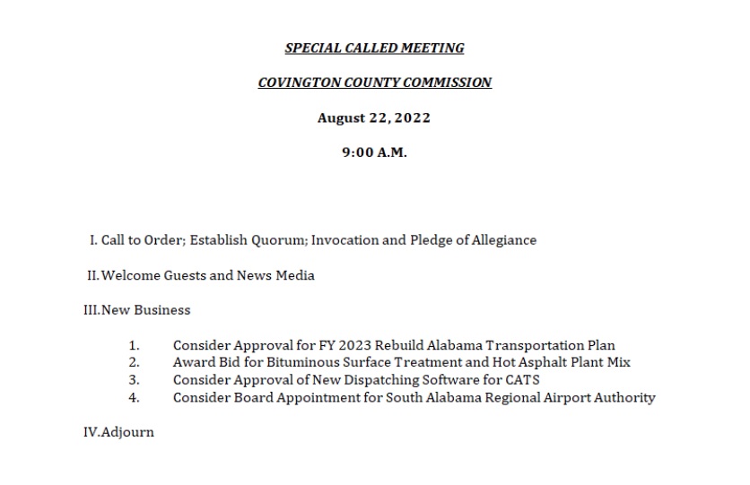 Covington County Commission Special Called Meeting Covington County Al Covington County Commission Special Called Meeting Covington County Al